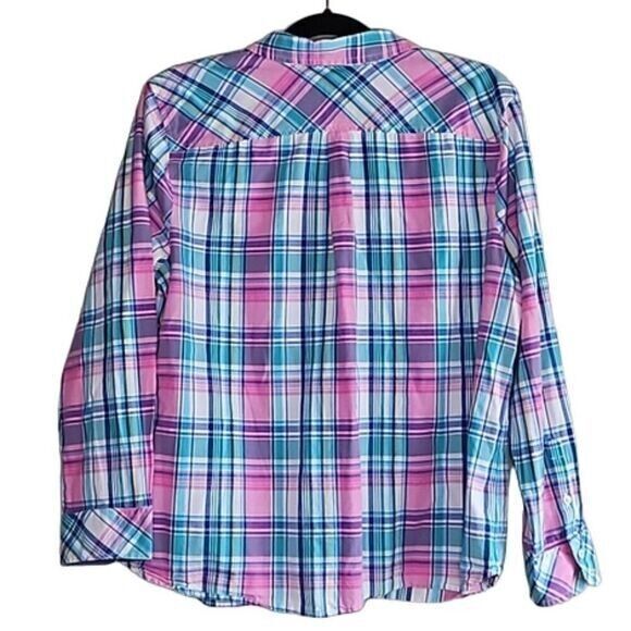 Talbots Womens XLp Button Up Pastel Plaid Preppy Academia Spring Chambray Easter - Picture 2 of 8